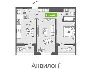 3-комнатная 55.70 кв.м, ЖК «Аквилон ZALIVE», 13 758 472 руб.