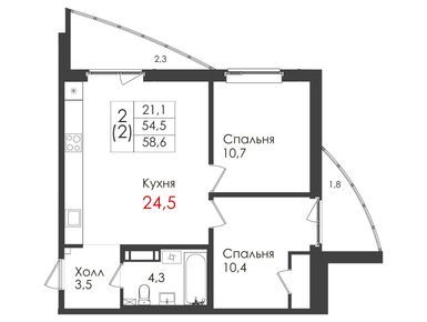 2-комнатная 54.50 кв.м, ЖК «Премьер», 7 300 000 руб.