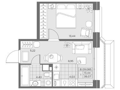 1-комнатная 36.35 кв.м, Клубный дом Akzent (Акцент), 18 206 515 руб.