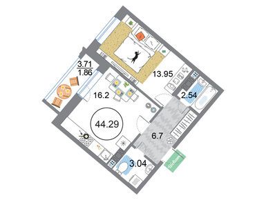 1-комнатная 44.29 кв.м, ЖК Modum (Модум), 12 556 215 руб.