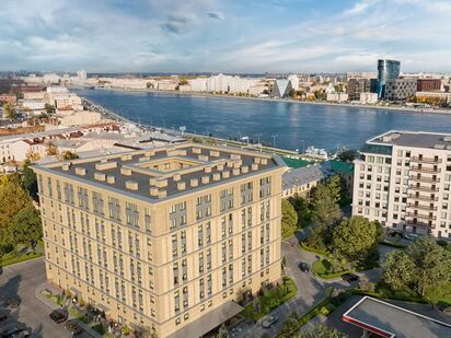 Отель состоит из одного десятиэтажного корпуса на Синопской набережной. ЖК «Инвест-отель VIDI (Апартаменты ВИДИ)»|Новострой-СПб