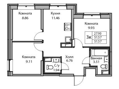 3-комнатная 50.90 кв.м, ЖК «Юнтолово» , 9 167 090 руб.
