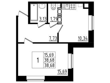 1-комнатная 38.68 кв.м, ЖК «Высоцкий» , 4 448 200 руб.