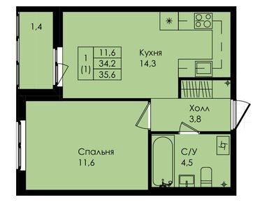 1-комнатная 35.60 кв.м, ЖК «Новая страница», 3 453 200 руб.
