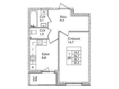 1-комнатная 38.10 кв.м, ЖК «Дзета», 5 096 751 руб.