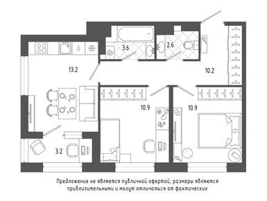 2-комнатная 53.10 кв.м, Квартал «Галактика», 14 420 286 руб.