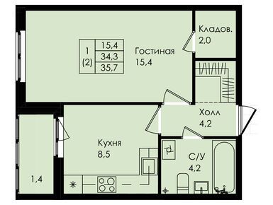 1-комнатная 35.70 кв.м, ЖК «Новая страница», 3 462 900 руб.
