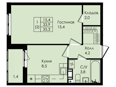 1-комнатная 35.30 кв.м, ЖК «Новая страница», 3 494 700 руб.