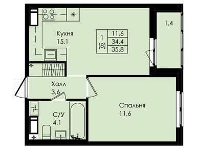 1-комнатная 35.80 кв.м, ЖК «Новая страница», 3 580 000 руб.